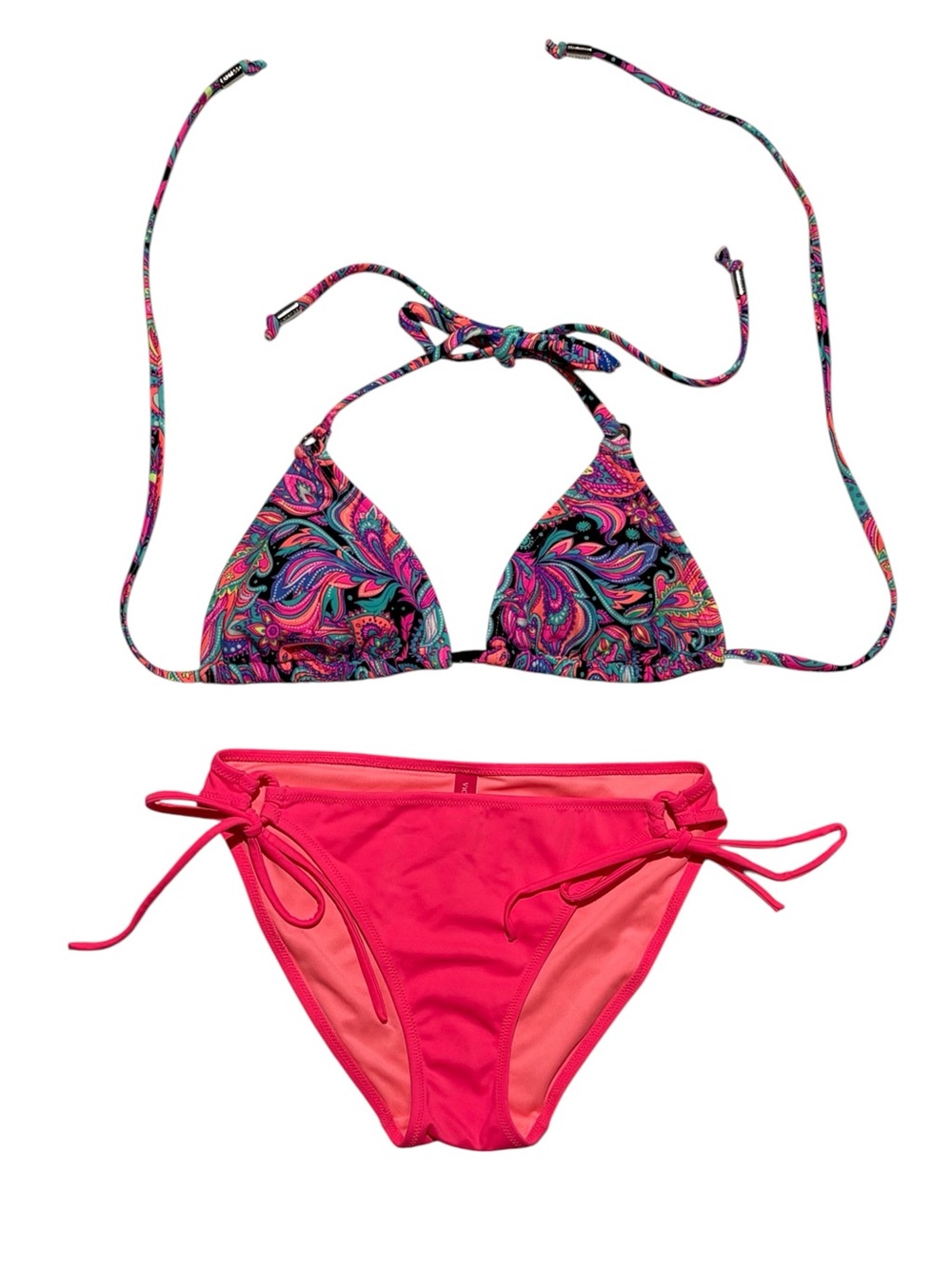 Paisley triangle bikini top (Express) & pink Victoria’s Secret bottom size Small